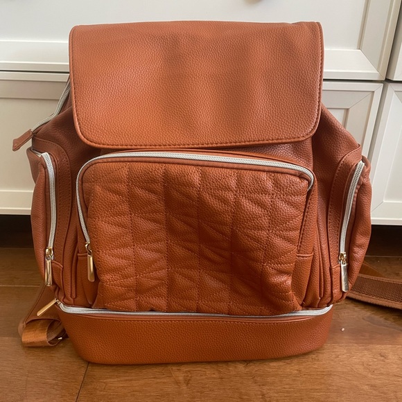 BROWN FAUX LEATHER DIAPER BACKPACK - Picture 1 of 6